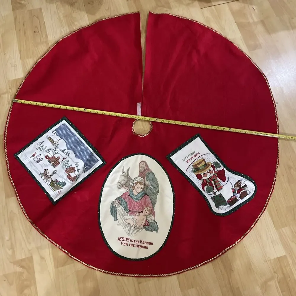 Vintage Cross‎ Stitched Christmas Tree Skirt 44” Wide